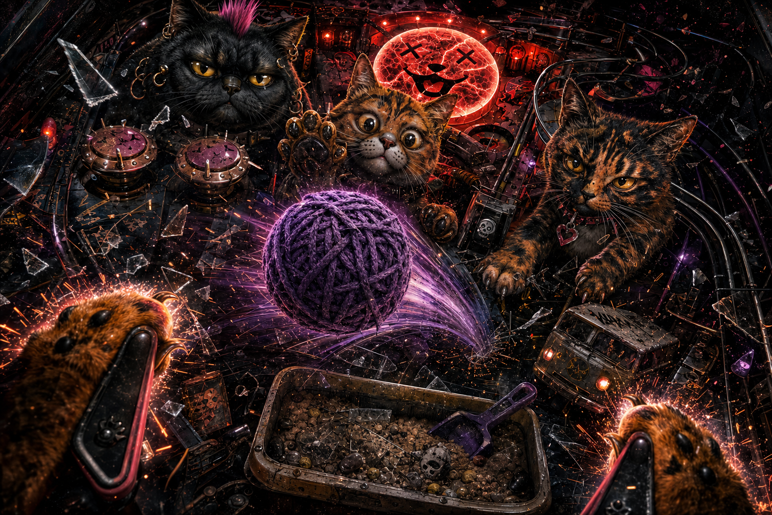 Yarnball Riot punk cat pinball table in action