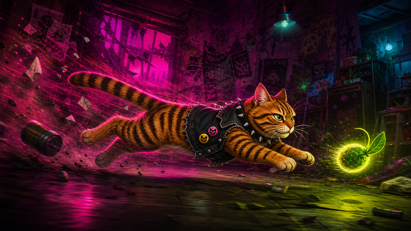 Hobbes sprinting through a neon punk house toward a glowing catnip pickup