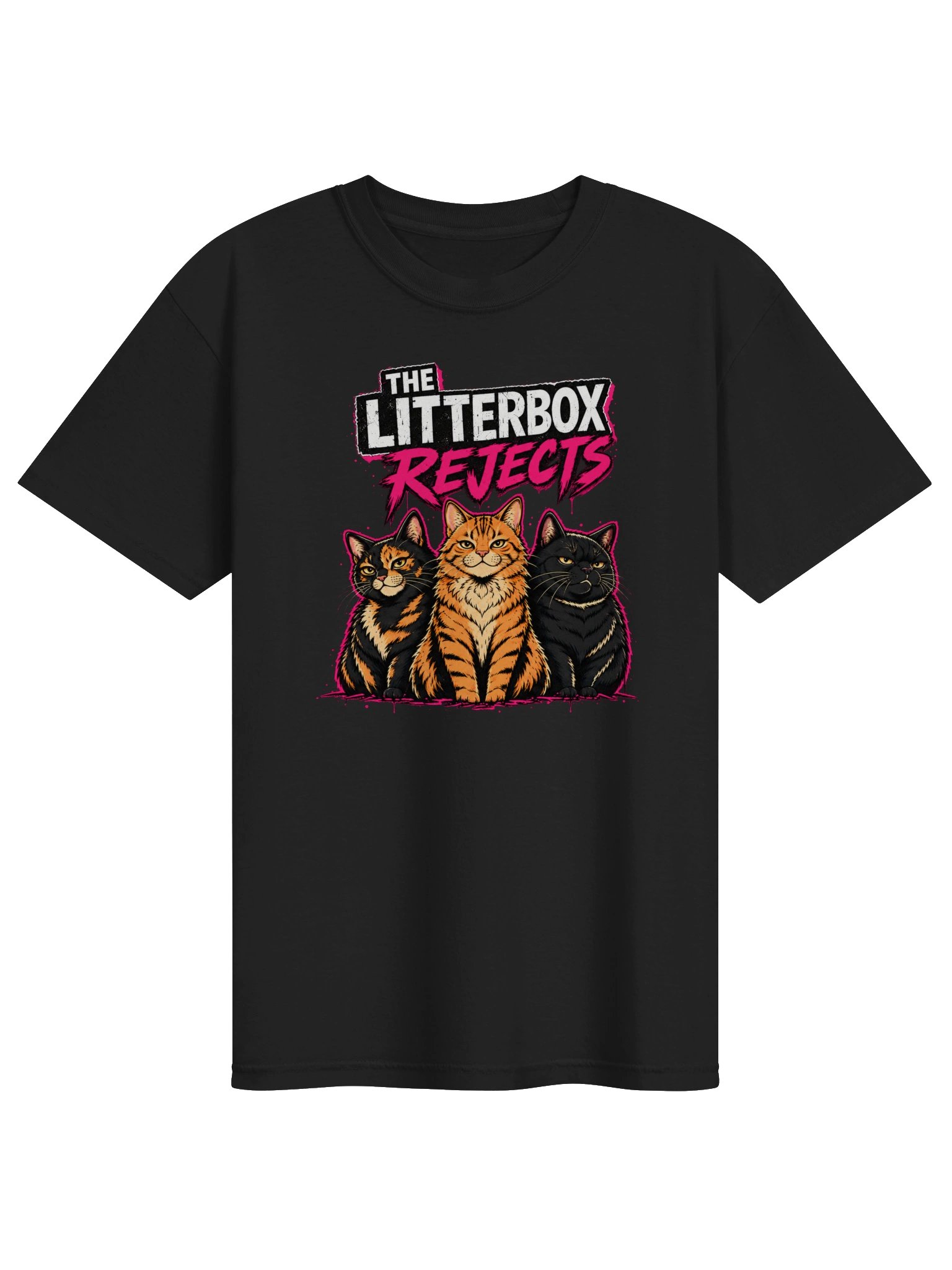 Black Litterbox Rejects heavyweight tee with Brooklyn, Hobbes, and Evie artwork